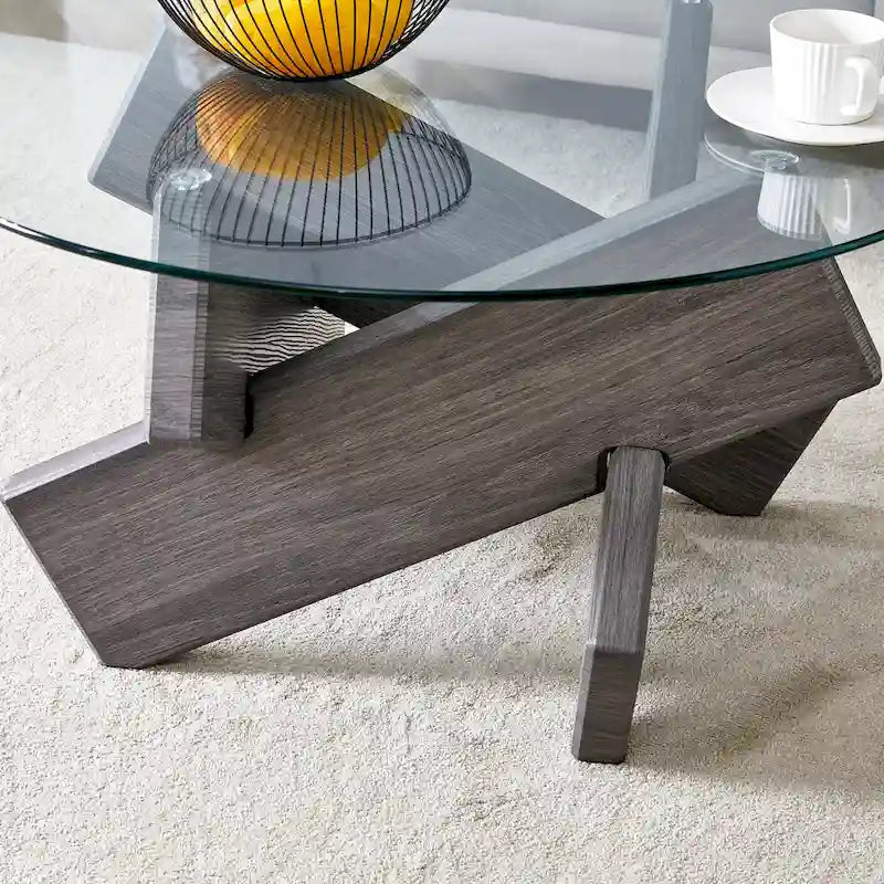 Mesa de centro redonda de cristal con tapa de vidrio templado y patas de MDF