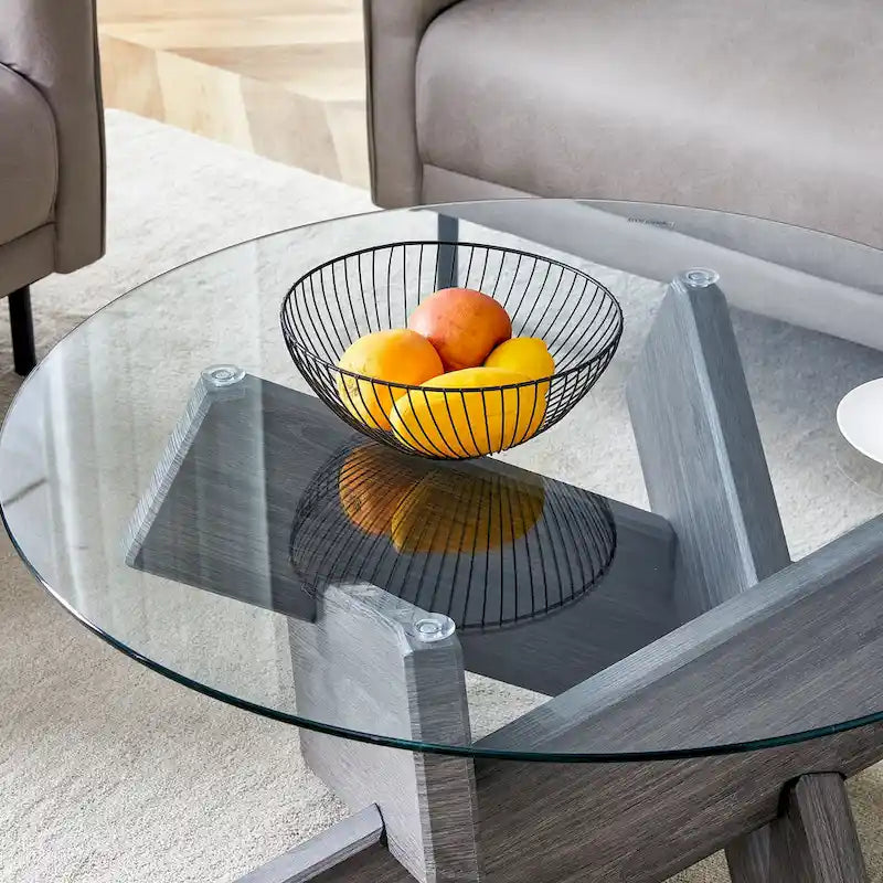 Mesa de centro redonda de cristal con tapa de vidrio templado y patas de MDF