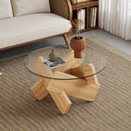 Mesa de centro redonda de cristal con tapa de vidrio templado y patas de MDF