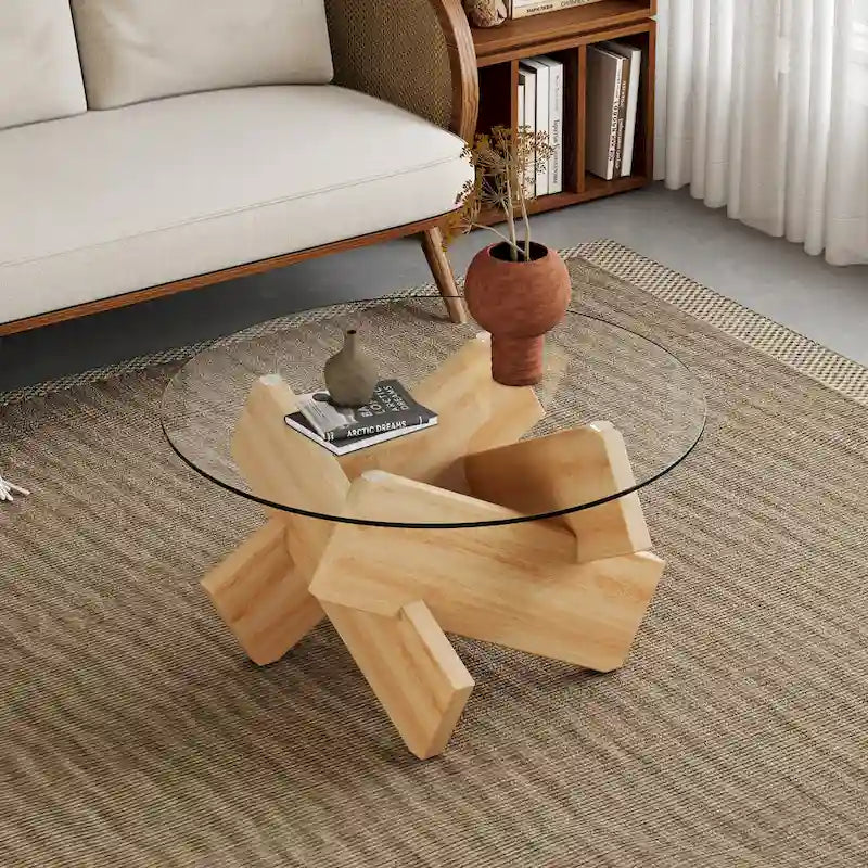 Mesa de centro redonda de cristal con tapa de vidrio templado y patas de MDF