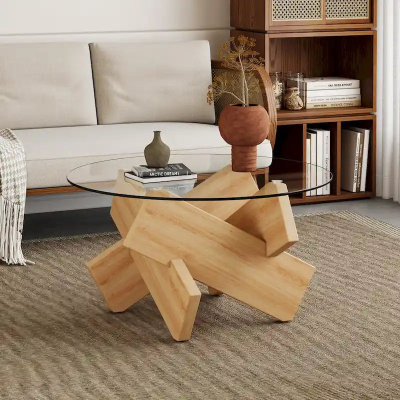 Mesa de centro redonda de cristal con tapa de vidrio templado y patas de MDF