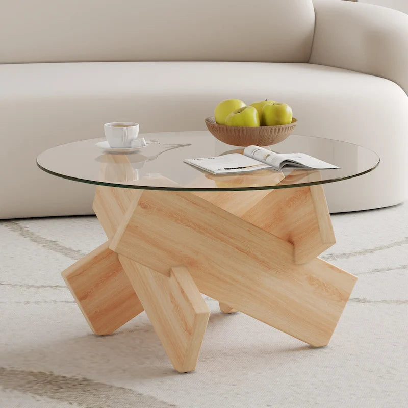 Mesa de centro redonda de cristal con tapa de vidrio templado y patas de MDF