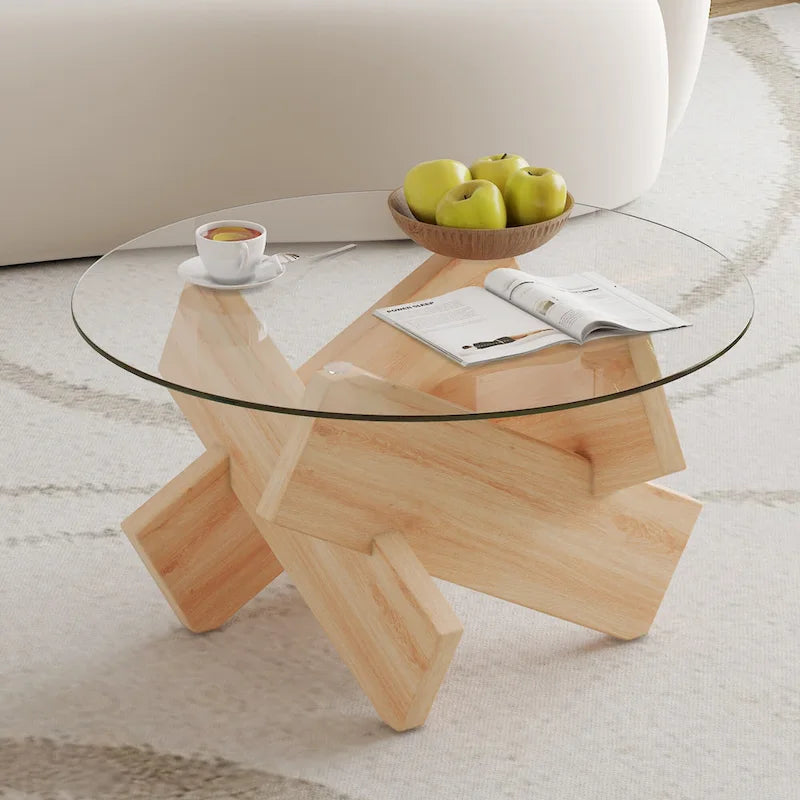 Mesa de centro redonda de cristal con tapa de vidrio templado y patas de MDF