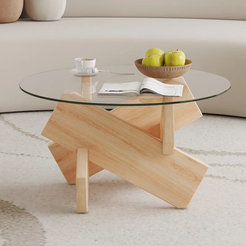 Mesa de centro redonda de cristal con tapa de vidrio templado y patas de MDF