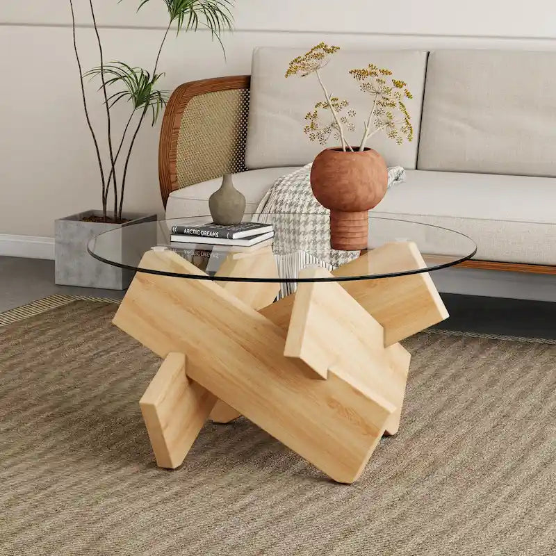 Mesa de centro redonda de cristal con tapa de vidrio templado y patas de MDF
