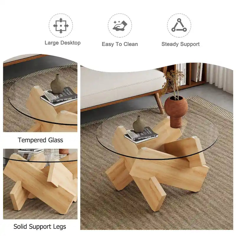Mesa de centro redonda de cristal con tapa de vidrio templado y patas de MDF