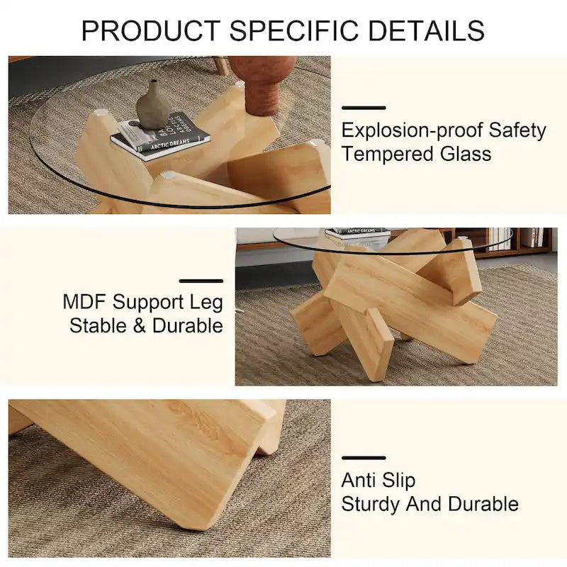 Mesa de centro redonda de cristal con tapa de vidrio templado y patas de MDF