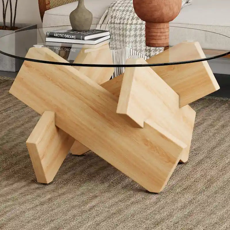 Mesa de centro redonda de cristal con tapa de vidrio templado y patas de MDF