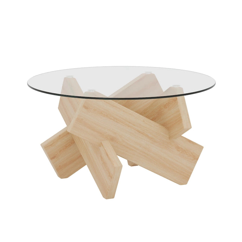 Mesa de centro redonda de cristal con tapa de vidrio templado y patas de MDF