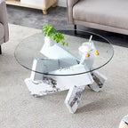 Mesa de centro redonda de cristal con tapa de vidrio templado y patas de MDF