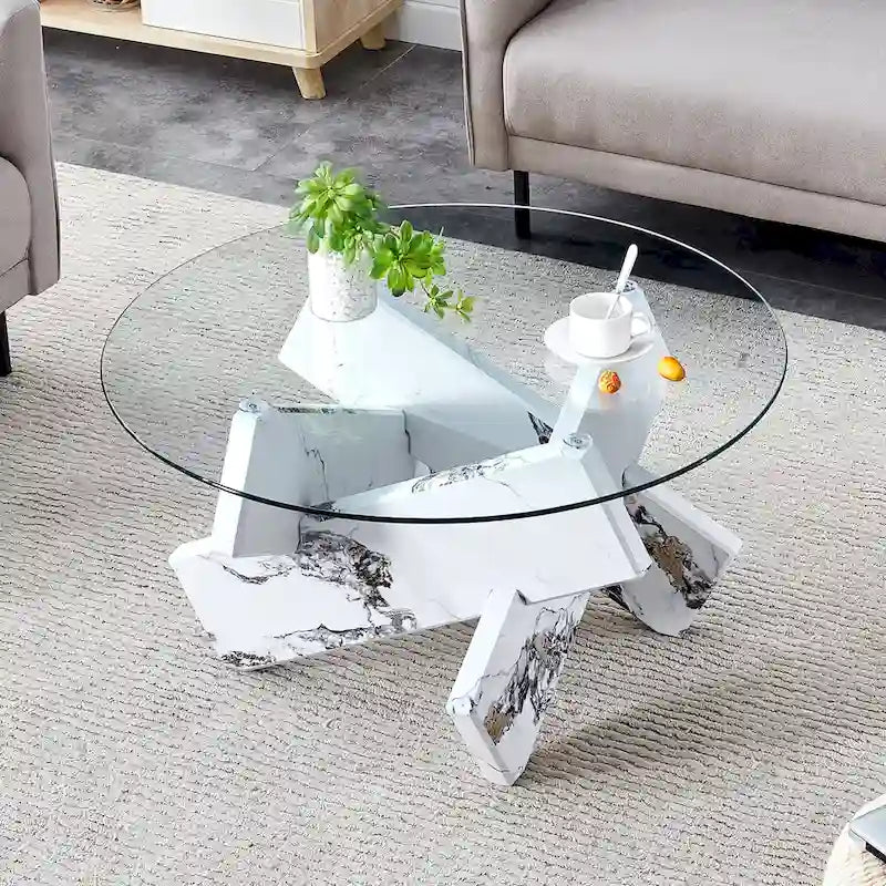 Mesa de centro redonda de cristal con tapa de vidrio templado y patas de MDF
