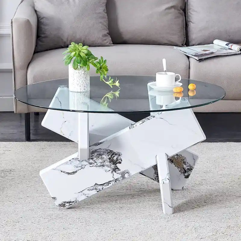 Mesa de centro redonda de cristal con tapa de vidrio templado y patas de MDF