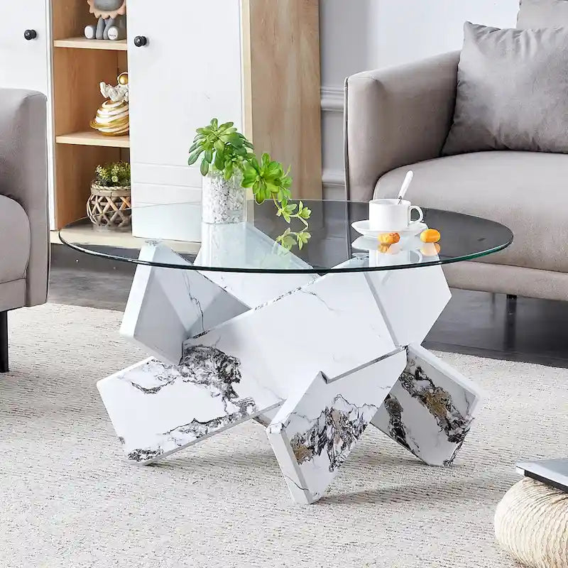Mesa de centro redonda de cristal con tapa de vidrio templado y patas de MDF