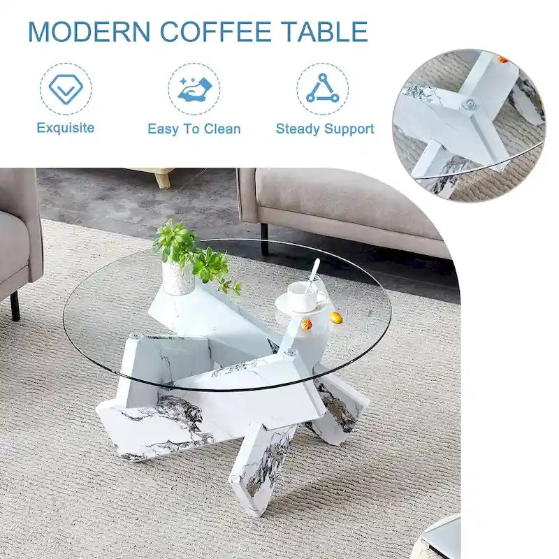 Mesa de centro redonda de cristal con tapa de vidrio templado y patas de MDF
