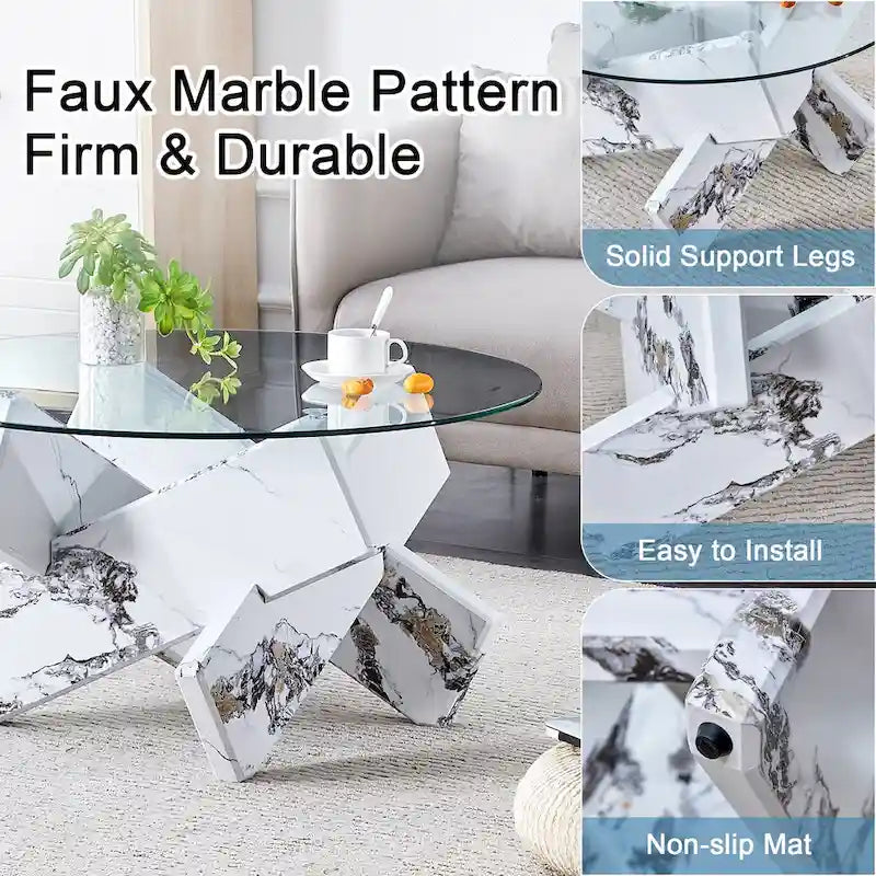Mesa de centro redonda de cristal con tapa de vidrio templado y patas de MDF