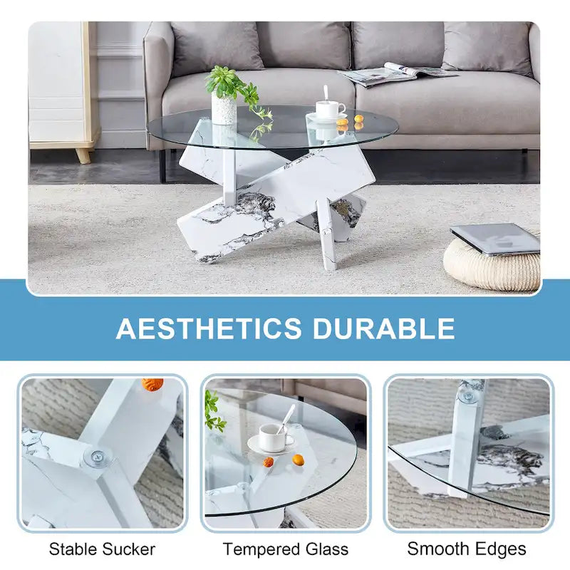 Mesa de centro redonda de cristal con tapa de vidrio templado y patas de MDF