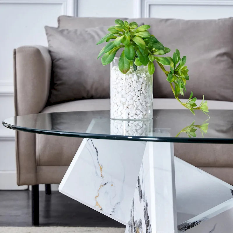 Mesa de centro redonda de cristal con tapa de vidrio templado y patas de MDF