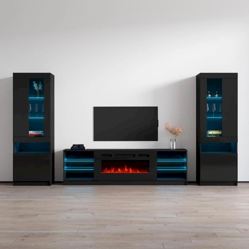 Mueble de pared moderno para centro de entretenimiento con chimenea eléctrica