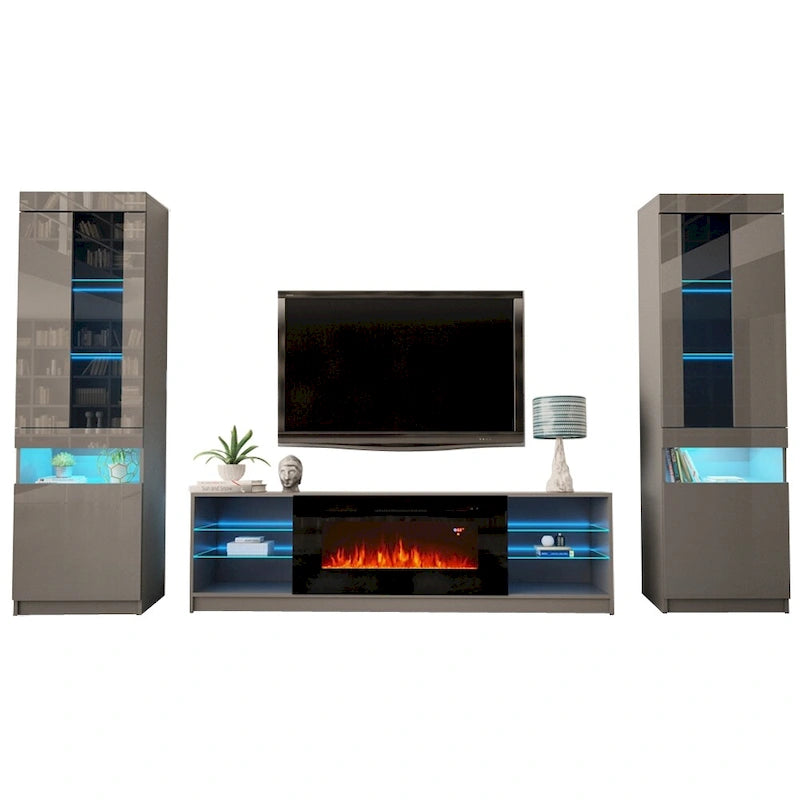 Mueble de pared moderno para centro de entretenimiento con chimenea eléctrica