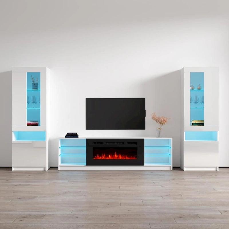 Mueble de pared moderno para centro de entretenimiento con chimenea eléctrica