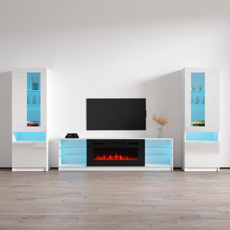 Mueble de pared moderno para centro de entretenimiento con chimenea eléctrica