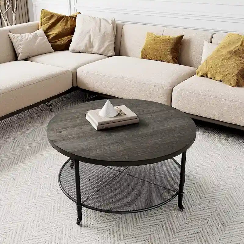 Mesa de centro redonda de 2 niveles con estructura de metal