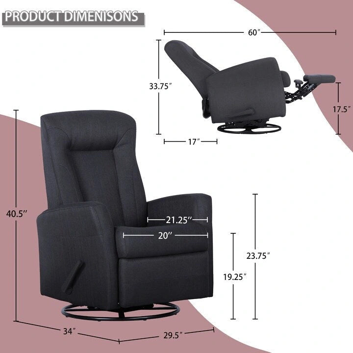 Sillón reclinable manual deslizante giratorio de 29.5" de ancho, tela gris oscuro