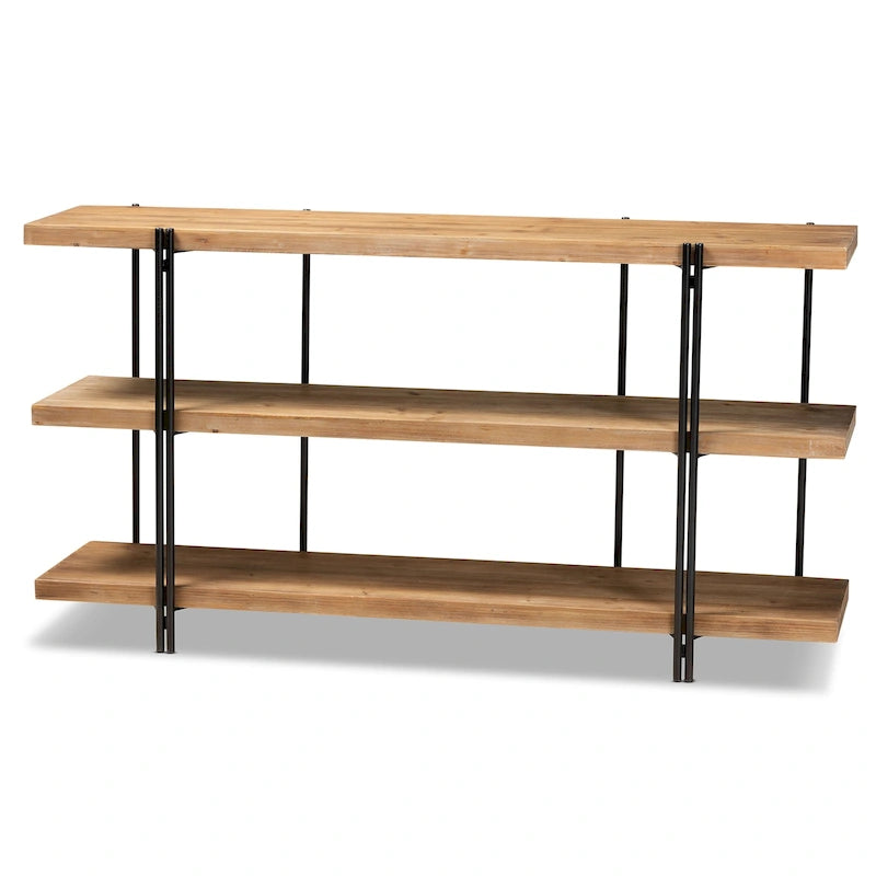 Mesa consola de madera con acabado marrón y metal con acabado negro