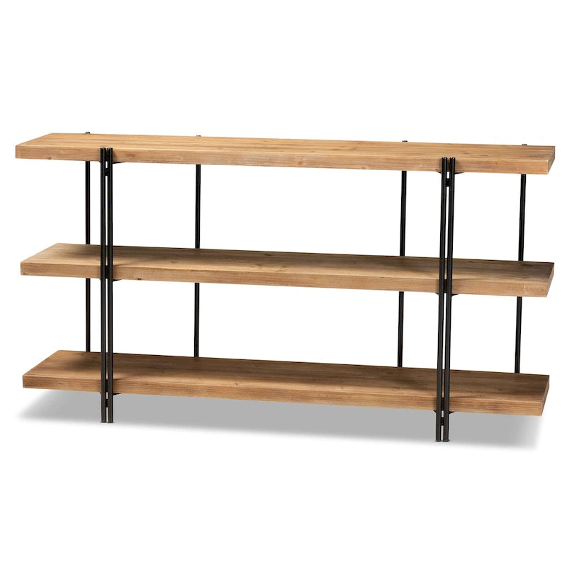 Mesa consola de madera con acabado marrón y metal con acabado negro