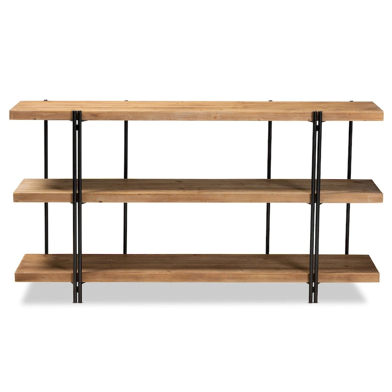 Mesa consola de madera con acabado marrón y metal con acabado negro