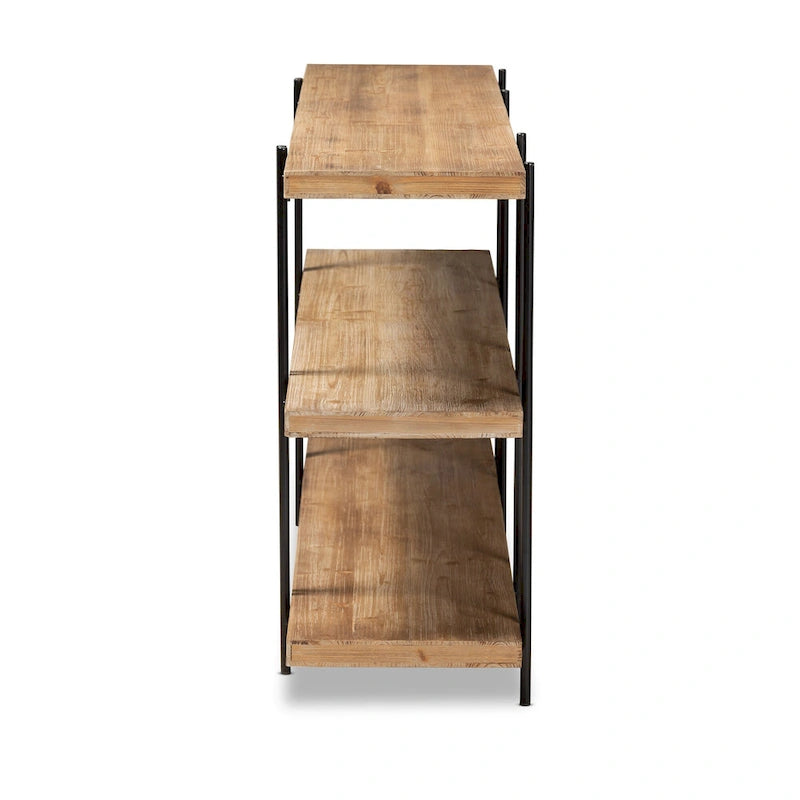 Mesa consola de madera con acabado marrón y metal con acabado negro