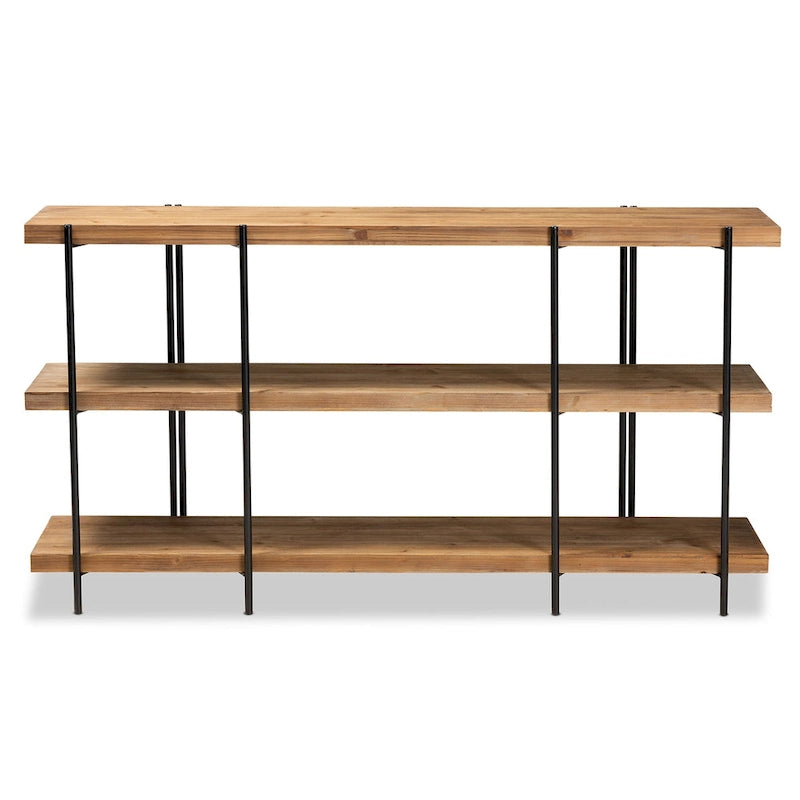 Mesa consola de madera con acabado marrón y metal con acabado negro