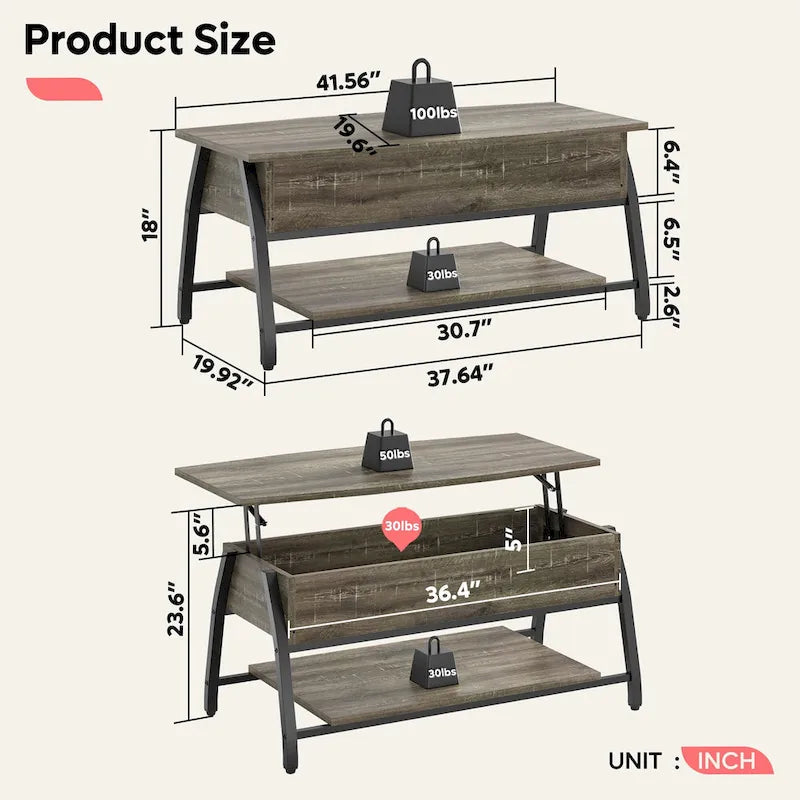 Mesa de centro ovalada elevable con almacenamiento oculto - 105 cm