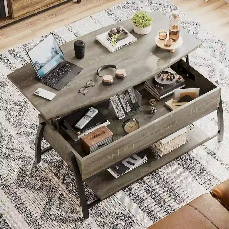 Mesa de centro ovalada elevable con almacenamiento oculto - 105 cm