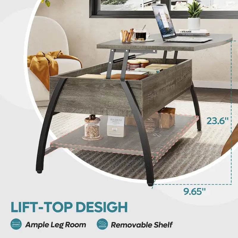 Mesa de centro ovalada elevable con almacenamiento oculto - 105 cm