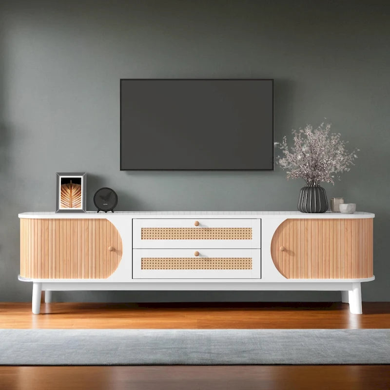 Mueble para TV de ratán para televisores de hasta 75 pulgadas con patas de madera maciza