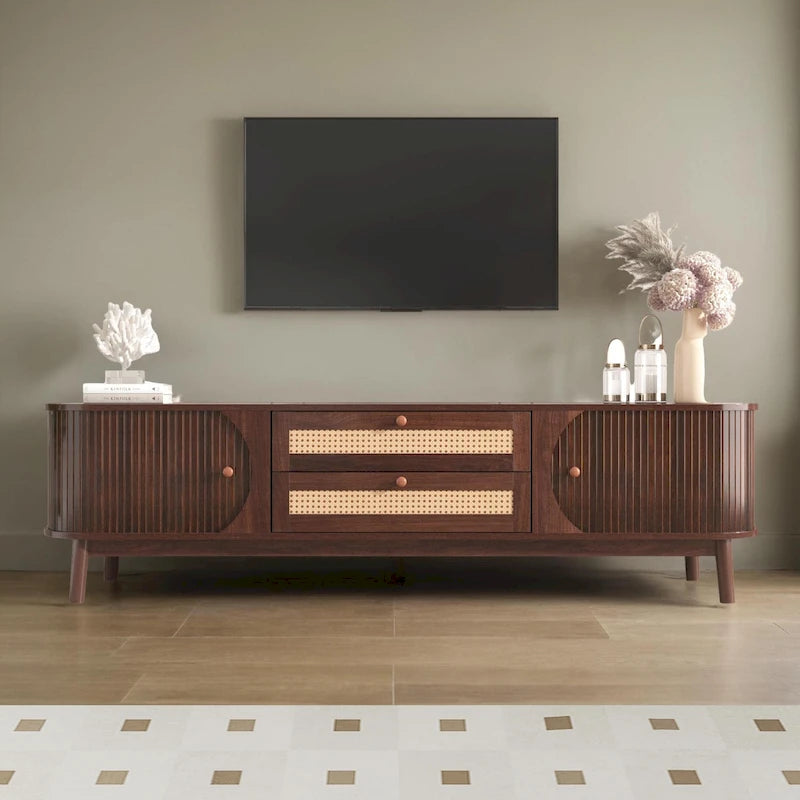 Mueble para TV de ratán para televisores de hasta 75 pulgadas con patas de madera maciza