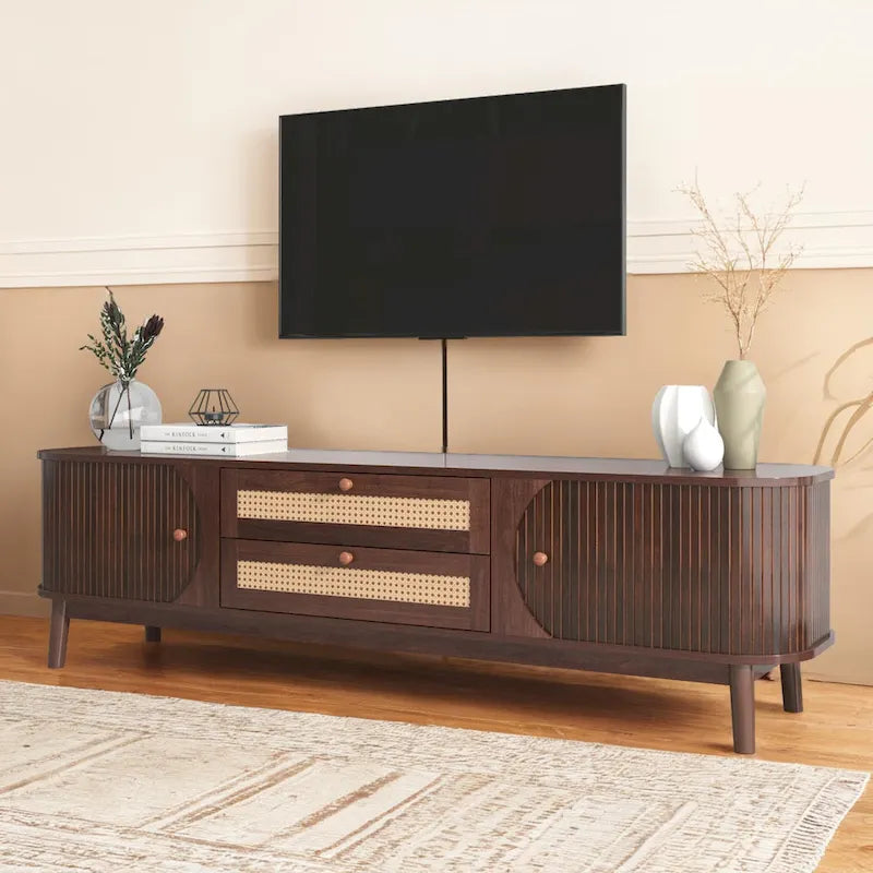 Mueble para TV de ratán para televisores de hasta 75 pulgadas con patas de madera maciza