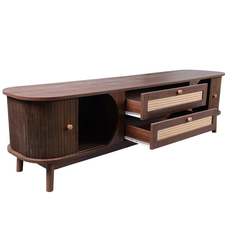 Mueble para TV de ratán para televisores de hasta 75 pulgadas con patas de madera maciza