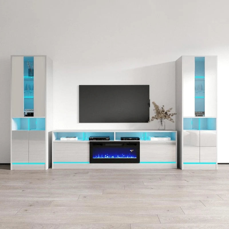 Mueble de TV con chimenea eléctrica y estanterías