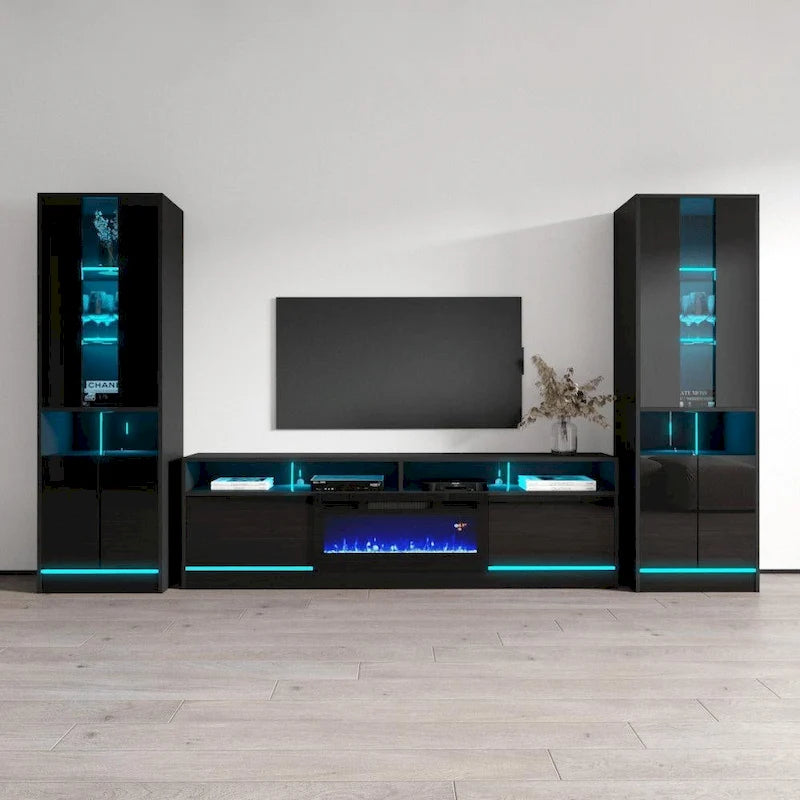 Mueble de TV con chimenea eléctrica y estanterías