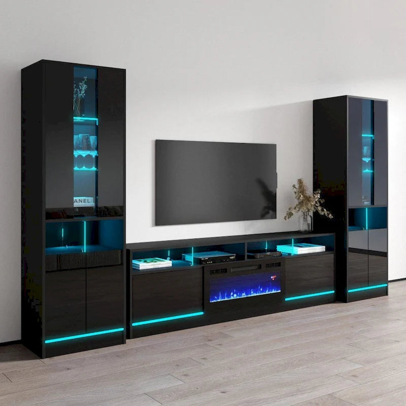 Mueble de TV con chimenea eléctrica y estanterías