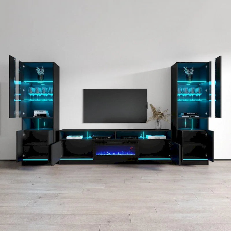 Mueble de TV con chimenea eléctrica y estanterías