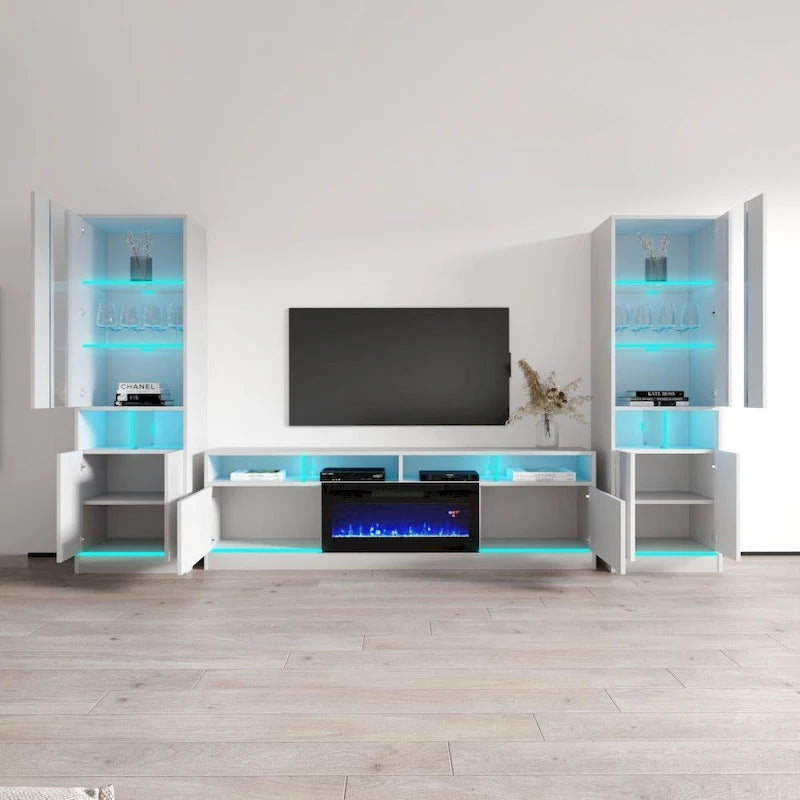 Mueble de TV con chimenea eléctrica y estanterías