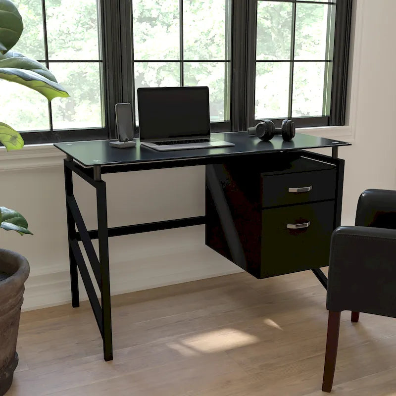 Escritorio para computadora con pedestal de dos cajones y superficie de vidrio templado