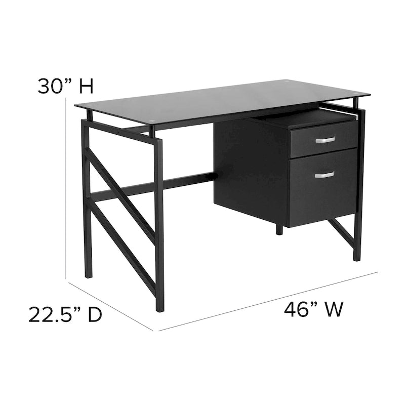Escritorio para computadora con pedestal de dos cajones y superficie de vidrio templado