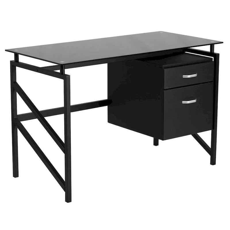 Escritorio para computadora con pedestal de dos cajones y superficie de vidrio templado