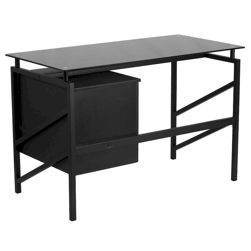 Escritorio para computadora con pedestal de dos cajones y superficie de vidrio templado