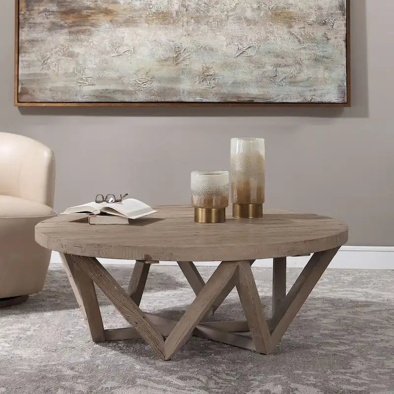Mesa de centro redonda de madera de olmo recuperada de 48" con base geométrica