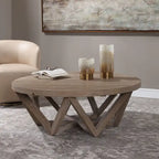 Mesa de centro redonda de madera de olmo recuperada de 48" con base geométrica